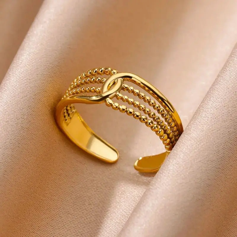 Anillos de acero inoxidable para mujer, anillo geométrico multicapa en color dorado que se abre en el dedo. Novedad en joyería de moda para bodas y fiestas. Regalo.
