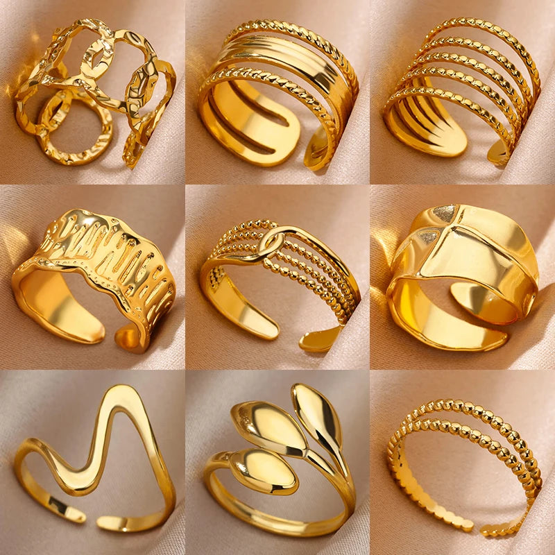 Anillos de acero inoxidable para mujer, anillo geométrico multicapa en color dorado que se abre en el dedo. Novedad en joyería de moda para bodas y fiestas. Regalo.
