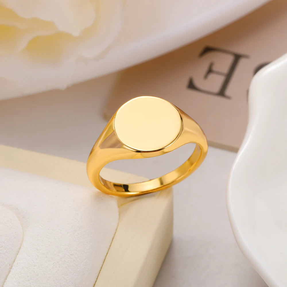 Anillos de sello redondos para mujer y hombre, acero inoxidable, color dorado, anillo para pareja, anillo familiar, joyería, regalo para el Día de la Madre y el Día del Padre.