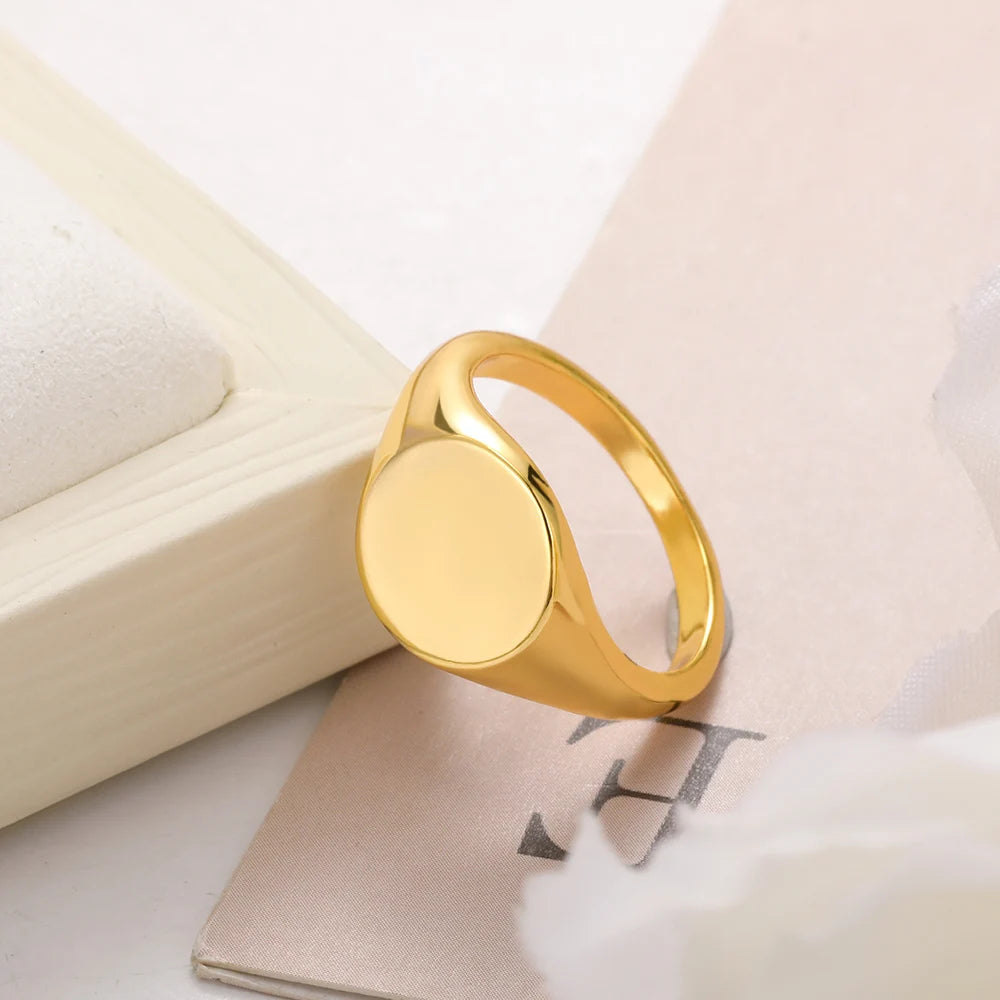 Anillos de sello redondos para mujer y hombre, acero inoxidable, color dorado, anillo para pareja, anillo familiar, joyería, regalo para el Día de la Madre y el Día del Padre.