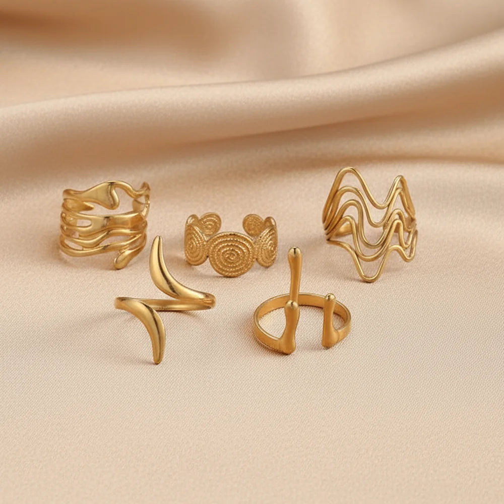 Juego de 5 anillos abiertos irregulares geométricos de acero inoxidable para mujer, diseño minimalista individual, joyería moderna para los dedos.
