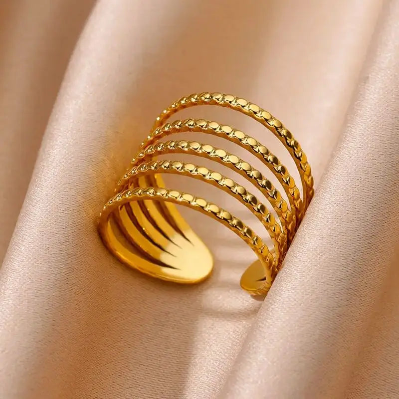 Anillos de acero inoxidable para mujer, anillo geométrico multicapa en color dorado que se abre en el dedo. Novedad en joyería de moda para bodas y fiestas. Regalo.
