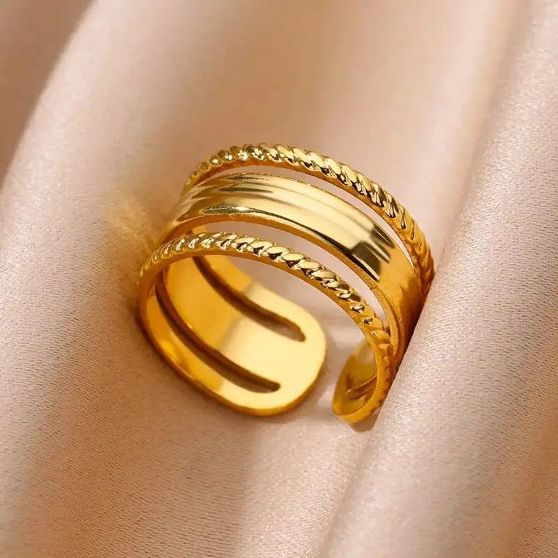 Anillos de acero inoxidable para mujer, anillo geométrico multicapa en color dorado que se abre en el dedo. Novedad en joyería de moda para bodas y fiestas. Regalo.
