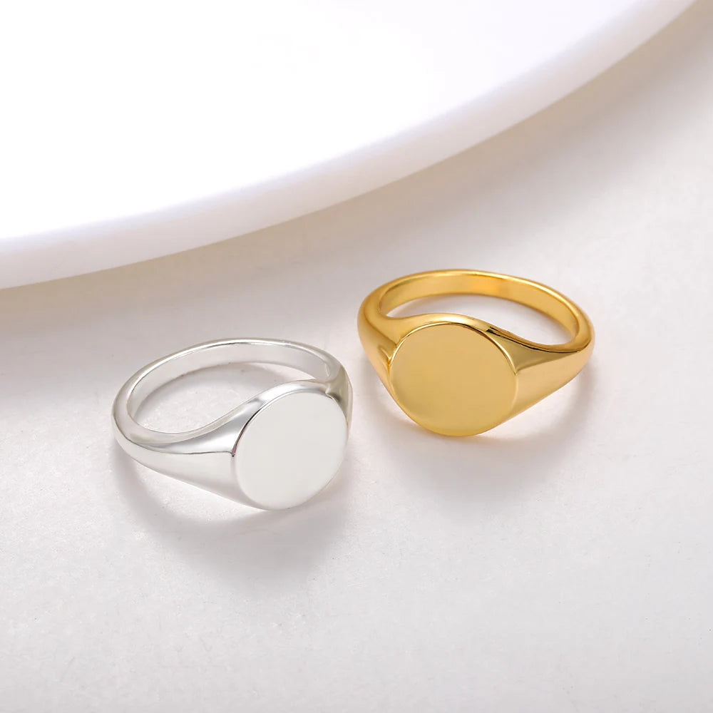 Anillos de sello redondos para mujer y hombre, acero inoxidable, color dorado, anillo para pareja, anillo familiar, joyería, regalo para el Día de la Madre y el Día del Padre.