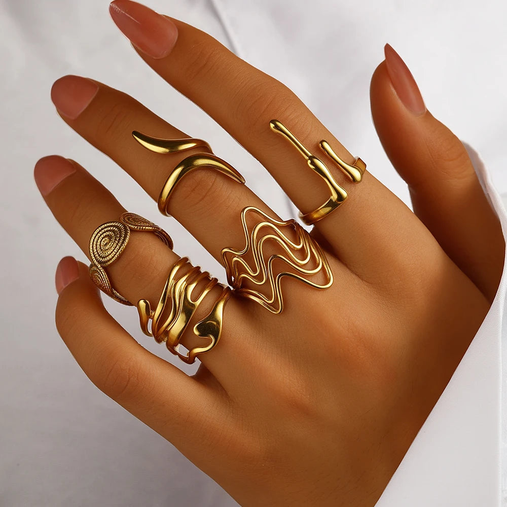 Juego de 5 anillos abiertos irregulares geométricos de acero inoxidable para mujer, diseño minimalista individual, joyería moderna para los dedos.
