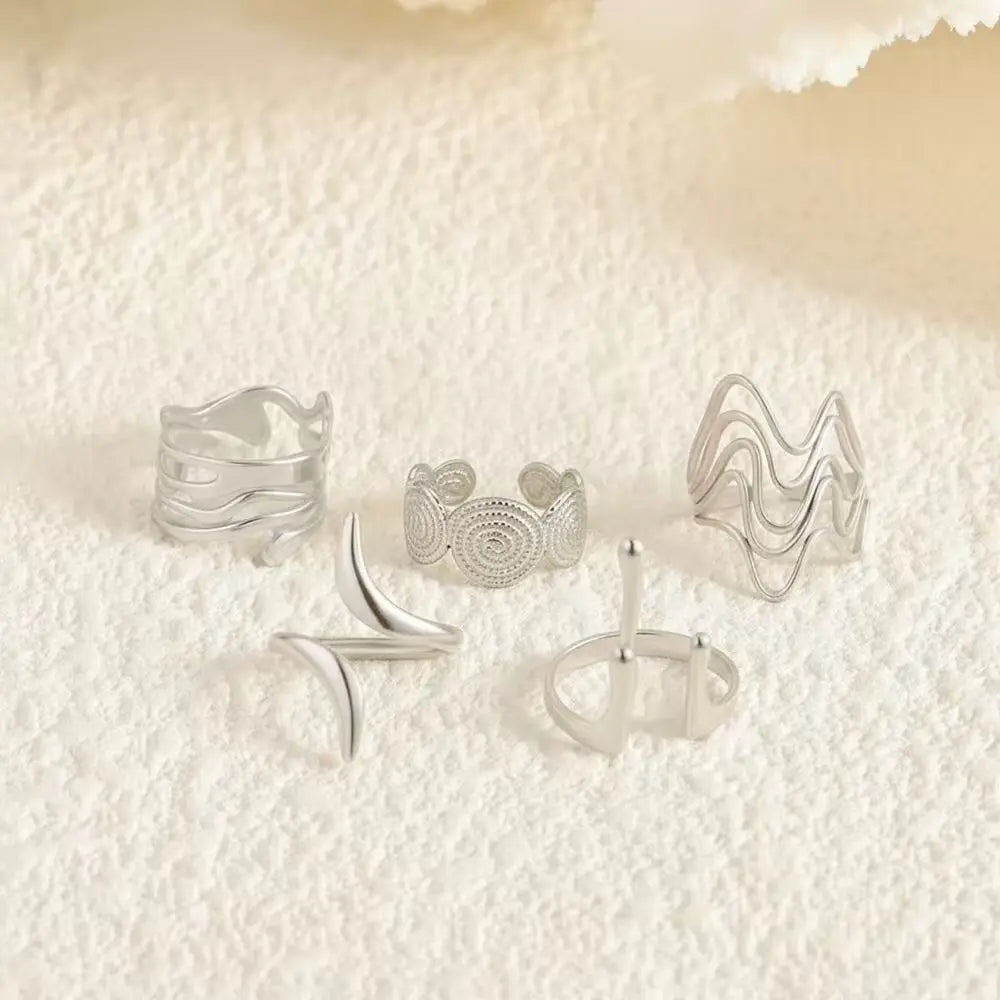 Juego de 5 anillos abiertos irregulares geométricos de acero inoxidable para mujer, diseño minimalista individual, joyería moderna para los dedos.