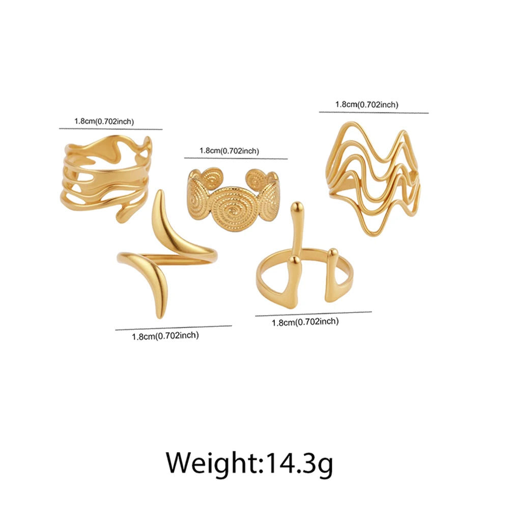 Juego de 5 anillos abiertos irregulares geométricos de acero inoxidable para mujer, diseño minimalista individual, joyería moderna para los dedos.