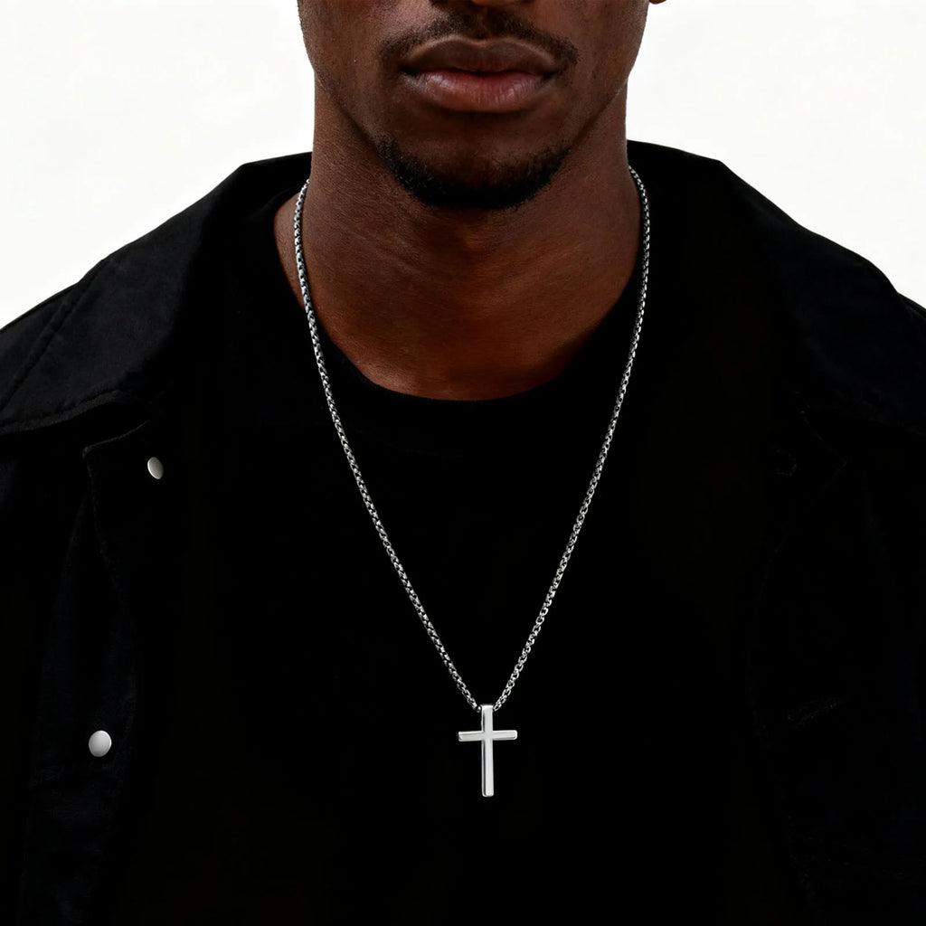 Collar con cruz de acero inoxidable para hombres y niños, colgante con cruz lisa de color plateado, joyería clásica hiphop y punk, regalo.