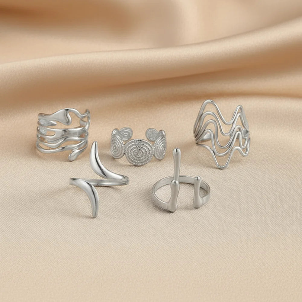 Juego de 5 anillos abiertos irregulares geométricos de acero inoxidable para mujer, diseño minimalista individual, joyería moderna para los dedos.