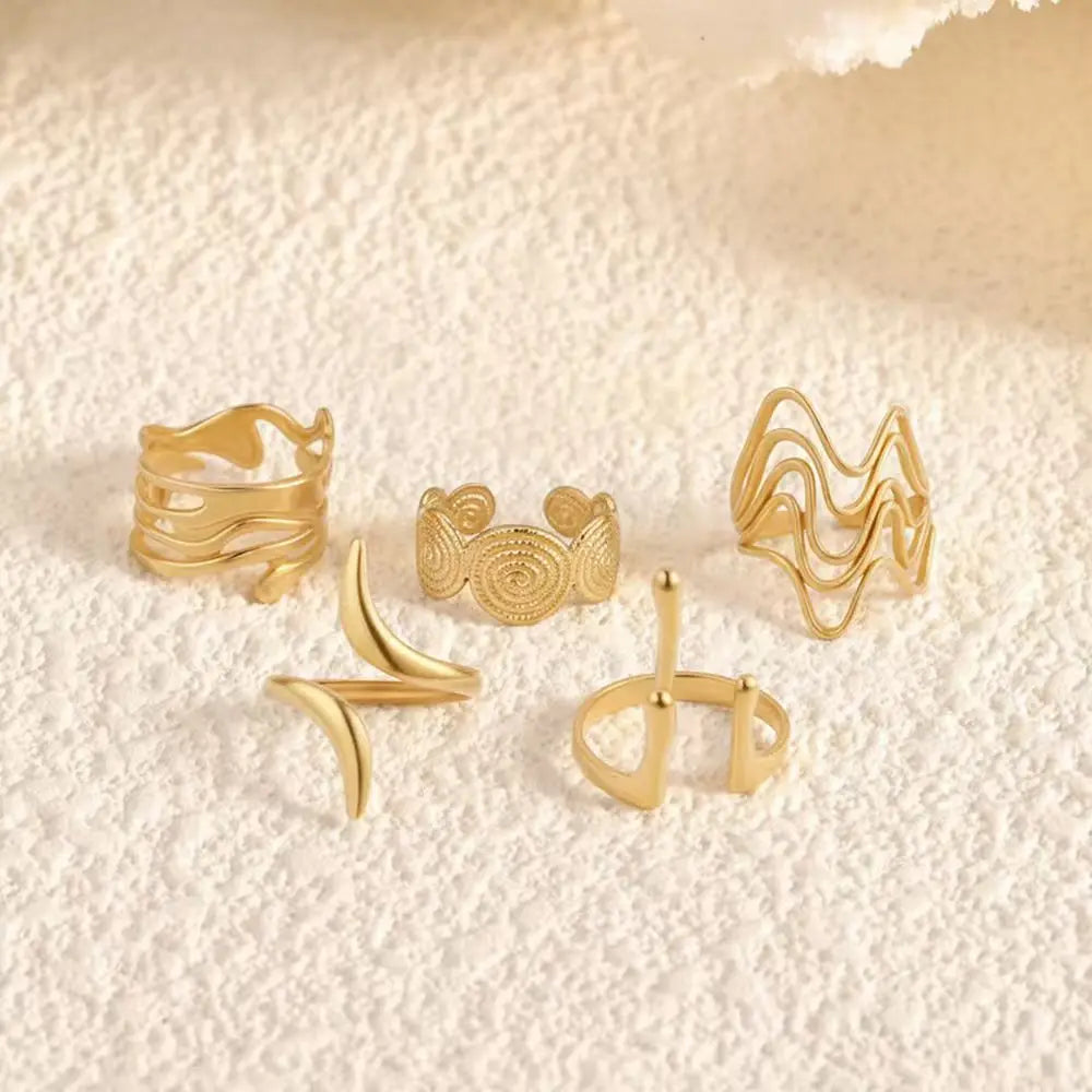 Juego de 5 anillos abiertos irregulares geométricos de acero inoxidable para mujer, diseño minimalista individual, joyería moderna para los dedos.