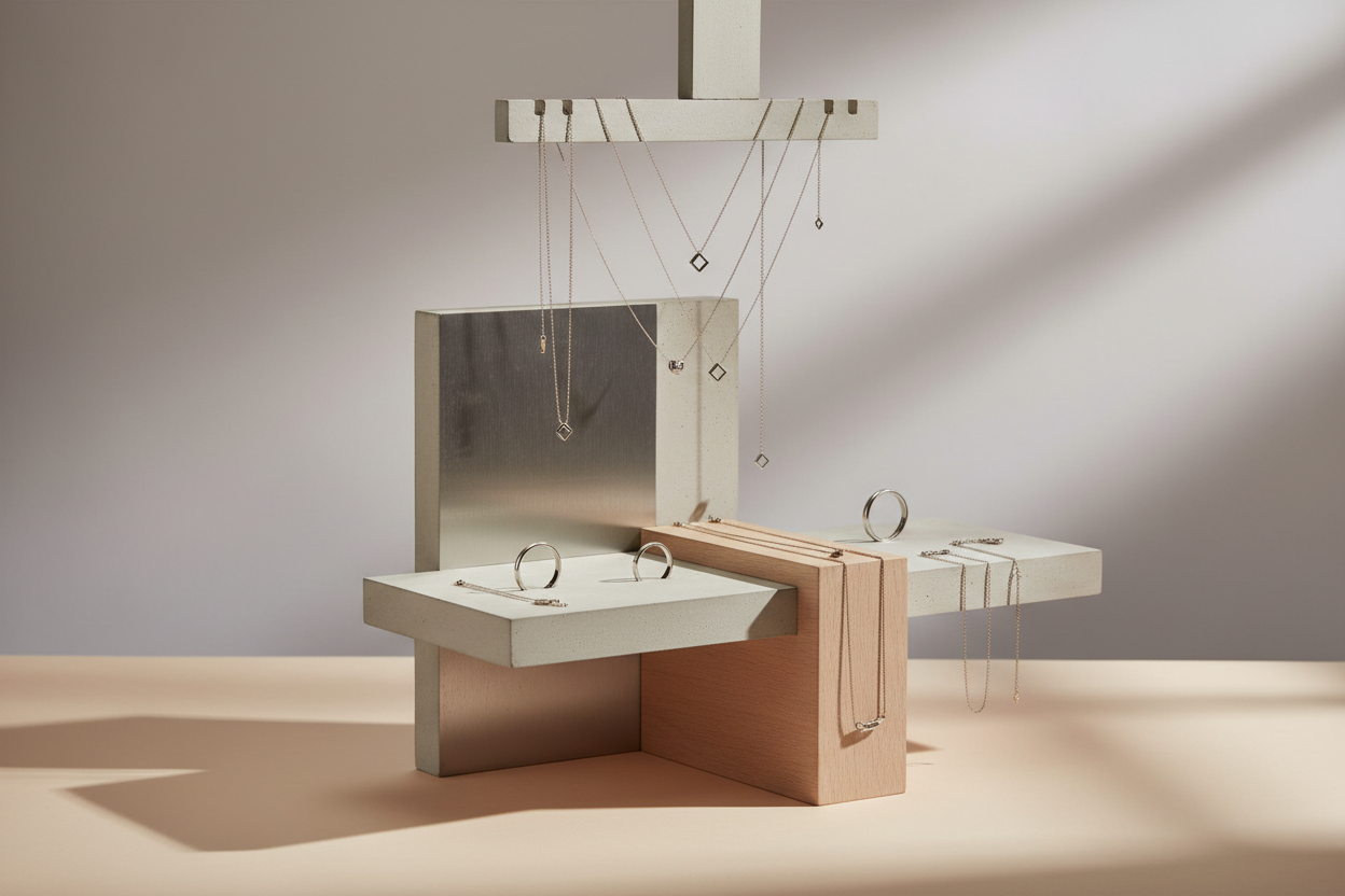 haz una foto de joyas minimalistas en un exihibidor que sea elegante que sean con los colores beige y gris claro